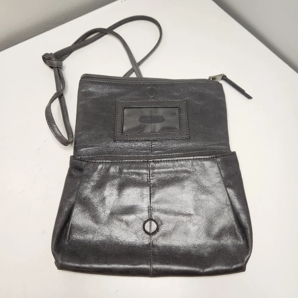 hobo grey leather distressed crossbody purse bag small compact minimalist - Picture 6 of 13
